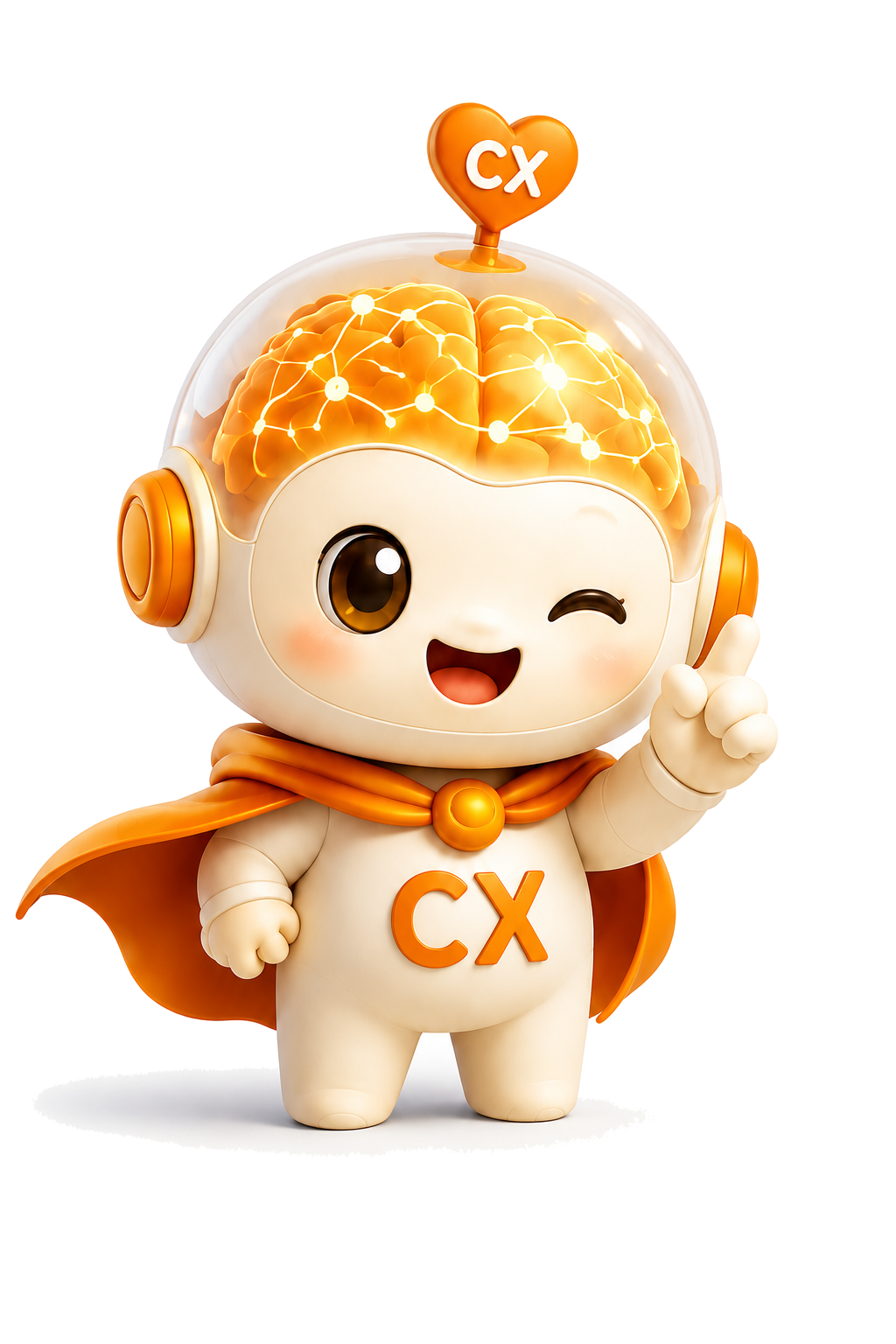 CX Customer Brain mascot: a friendly robot with a glowing brain